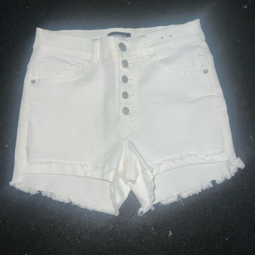 NEW EXPRESS WHITE SHORTIE STRETCH BUTTONFLY STRETCH DENIM JEAN SHORTS SZ 4